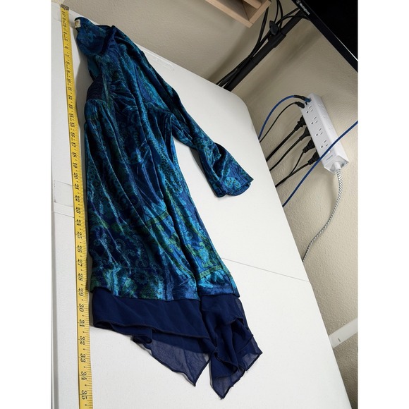 One World Top Womens 1X Blue Green Paisley Velour Tunic Boho Hippie Stretch - Picture 10 of 10